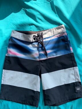 Vans Black, White & Blue Striped Kids Swim Trunks